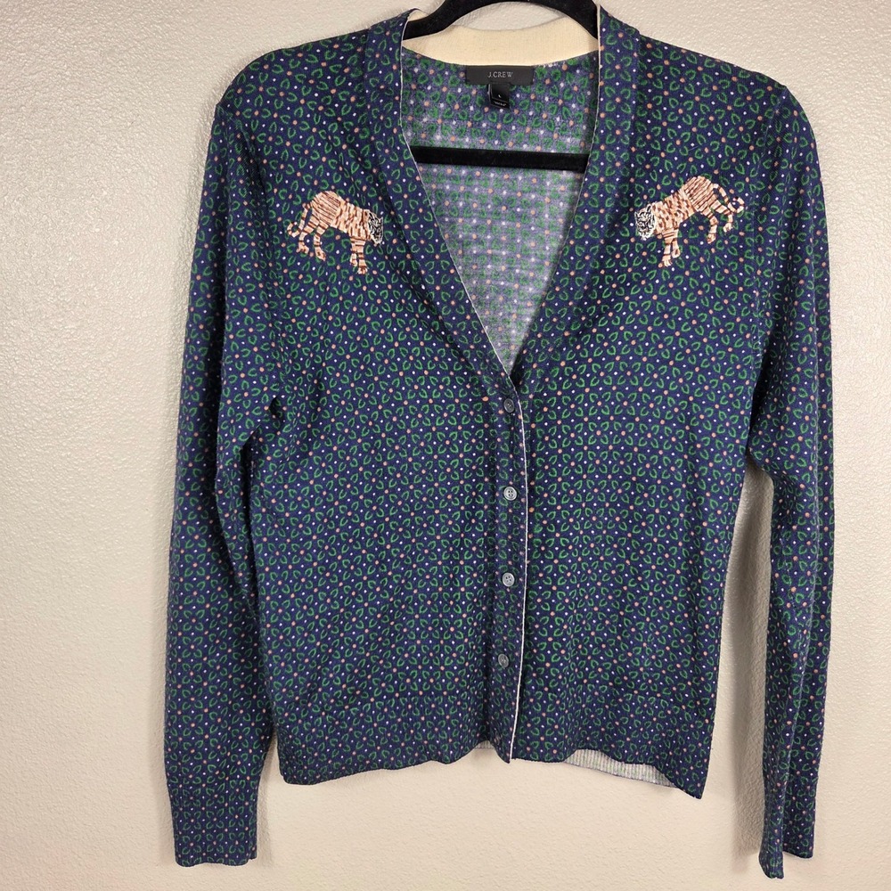 J.Crew Merino Wool‎ Tiger Embroidered Cardigan Women's L Animal Print Sweater